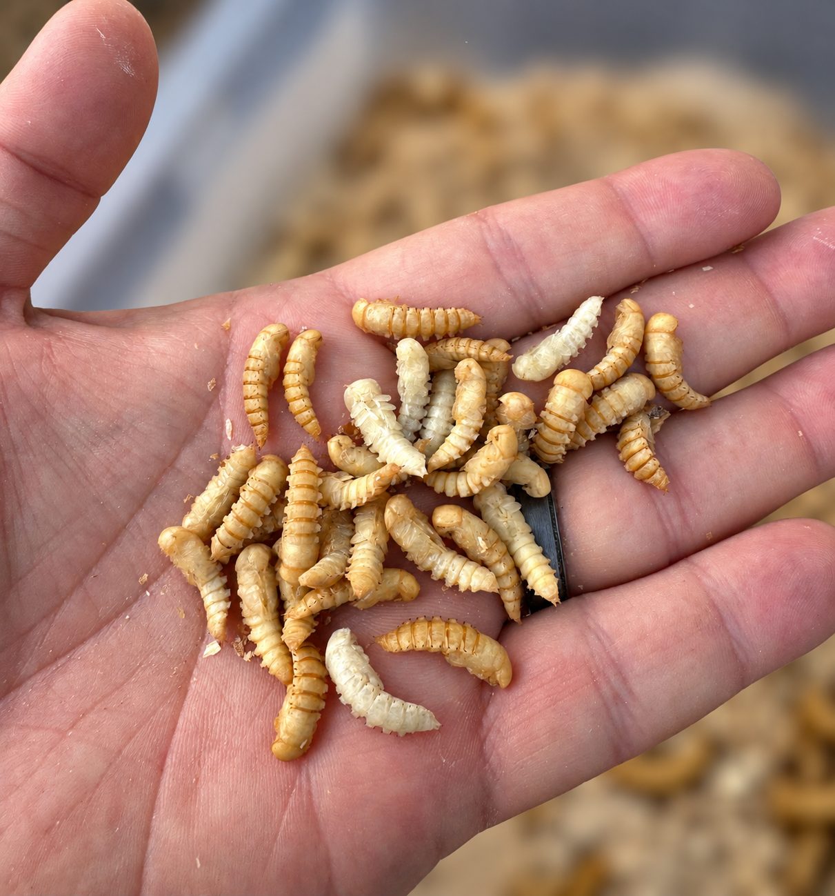 Healthy mealworm pupae raised by Caudle Critters